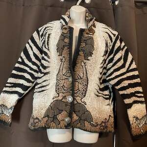 Vintage Tapestry Safari Jacket, Zebra and Elephant Woven Print, Silver Buttons -